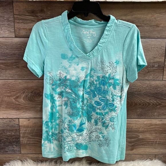 Coral Bay Vneck Floral Tshirt , Petite Small, Teal - Picture 1 of 5